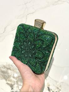 1pc Green Double-Sided Rhinestone Elegant Box-Shaped Evening Clutch Bag, Suitable For Formal Occasions Like Banquet, Wedding, Party, Fashion Handbag, Crossbody Chain Bag
