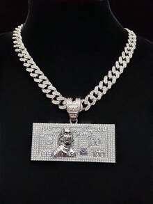 1 mặt dây chuyền hình tờ 100 đô la thời trang sáng tạo với dây chuyền Miami Cuban 13mm, dây chuyền mặt đô la phong cách đường phố Hip Hop Rock dành cho nam, dây chuyền Punk, thích hợp đeo hàng ngày hoặc dự tiệc, quà tặng ngày lễ tình nhân, 2 lựa chọn dây chuyền - Bạc - Xem 1