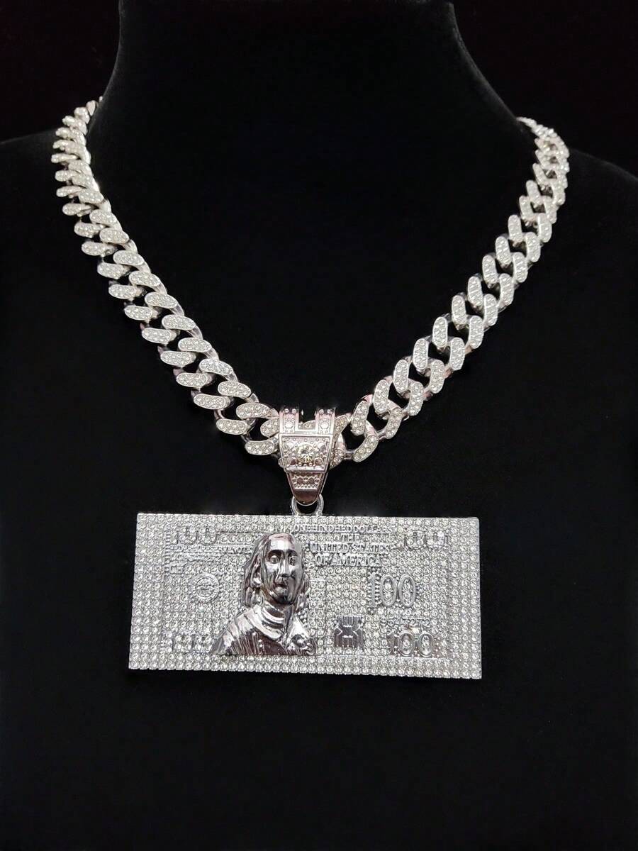 1 mặt dây chuyền hình tờ 100 đô la thời trang sáng tạo với dây chuyền Miami Cuban 13mm, dây chuyền mặt đô la phong cách đường phố Hip Hop Rock dành cho nam, dây chuyền Punk, thích hợp đeo hàng ngày hoặc dự tiệc, quà tặng ngày lễ tình nhân, 2 lựa chọn dây chuyền - Bạc - Xem 1
