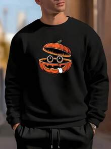 Men'S Casual Round-Neck Sweatshirt With Pumpkin Pattern,Fall Hoodies,Men's Fall Clothes,Street Wear,Halloween,Mens Hoodies,Y2k Clothes,Jesus Hoodie,Thanksgiving Day,Nightmare Before Christmas,Christmas - 黑色 - 查看 1