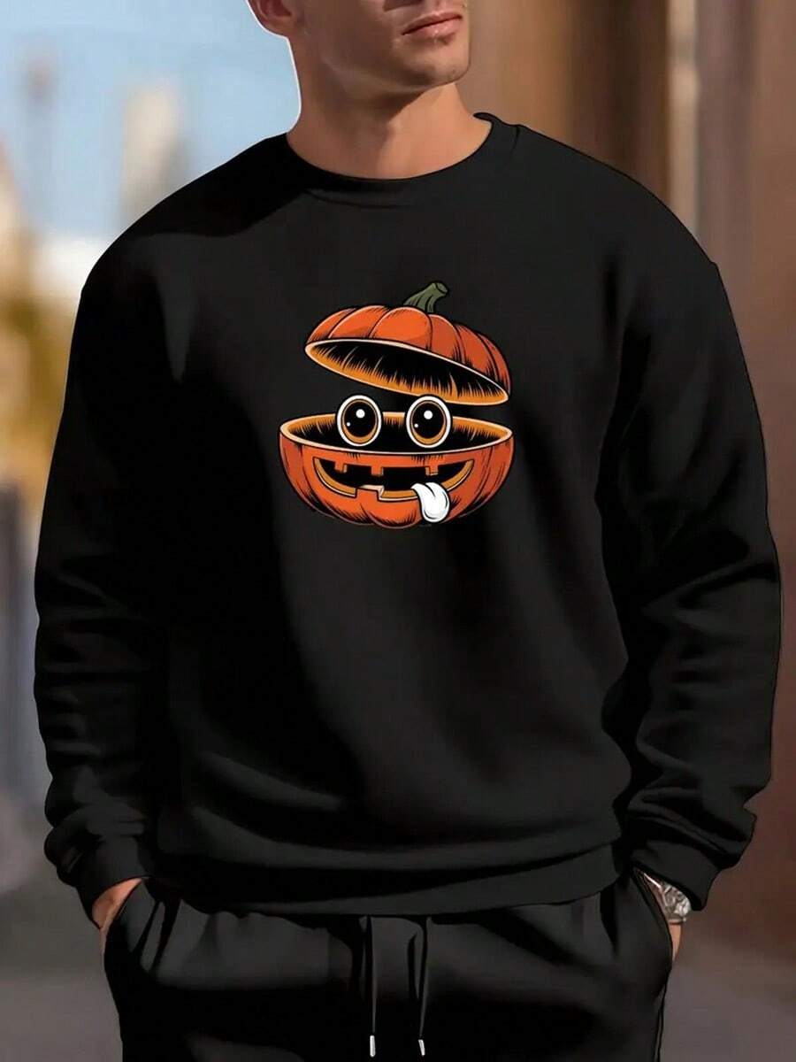 Men'S Casual Round-Neck Sweatshirt With Pumpkin Pattern,Fall Hoodies,Men's Fall Clothes,Street Wear,Halloween,Mens Hoodies,Y2k Clothes,Jesus Hoodie,Thanksgiving Day,Nightmare Before Christmas,Christmas - 黑色 - 查看 1