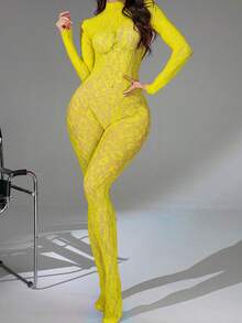 Sexy Lingerie Women Long Sleeve Fishnet Bodysuit Leopard Print Sexy Set Bodysuit Hollow Out Bodysuit Bikini Cover Up - Yellow - View 3