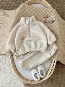 2pcs/Set Baby Boys/Girls Casual Color Block Sherpa Fleece Zip-Up Hoodie And Pants Thick Warm Set, Winter - Apricot - View 6