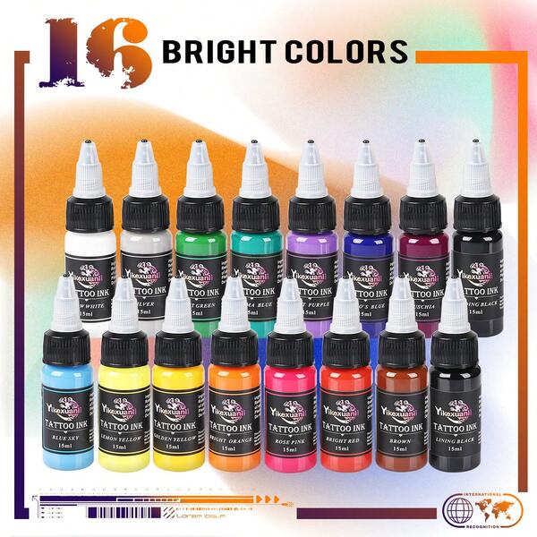 yikexuanli 16 Colors Tattoo Ink Set (15ml), Vibrant Colors, Suitable For Tattoo Coloring, Eyebrow Pigment, Body Art Painting, Suitable For Beginners And Professionals