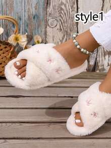 1pair Women's Cozy Faux Fur Slip-On Slippers With Pink Bow Embroidery - Stylish All-Season Indoor Flat Shoes, Casual Comfort Wear, Hand Washable, Casual Footwear | Stylish Slippers | Soft Texture,Women's Faux Fur Embroidered Slippers With Pockets, Sole For Noise Reduction, All-Season Indoor House Shoes, Ladies Slippers, Comfortable Footwear, Elegant Slipper Design