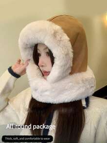 1pc Faux Suede Fleece Balaclava Hat, Winter Neck Warmer Windproof Ski Mask Earflap Cap For Women