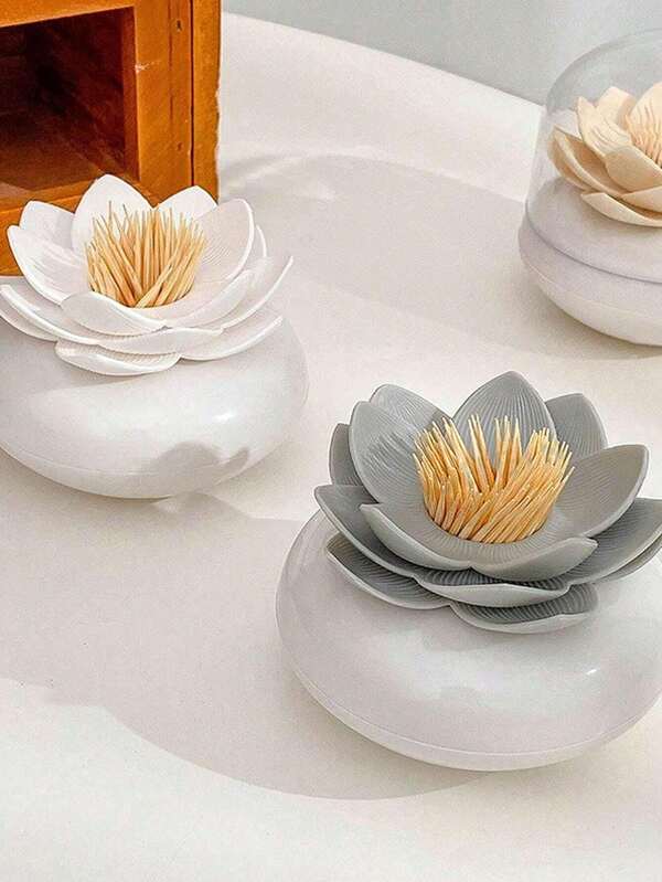 1 pieza Portapalillos con diseño de flor, Caja de almacenamiento de palillos de dientes con diseño de loto para el hogar