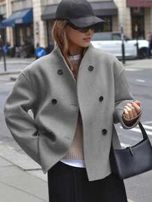 Chaqueta de punto de lana de unicolor minimalista de manga larga y doble botonadura de Boyue68, abrigo casual de calle, adecuado para la oficina, uso diario, vacaciones, Navidad, Halloween, otoño/invierno