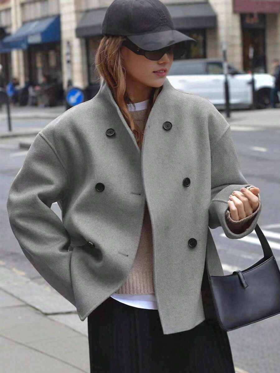 Chaqueta de punto de lana de unicolor minimalista de manga larga y doble botonadura de Boyue68, abrigo casual de calle, adecuado para la oficina, uso diario, vacaciones, Navidad, Halloween, otoño/invierno