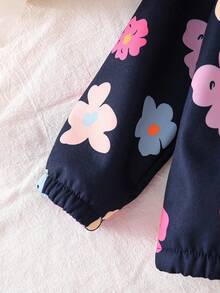 1pc Spring/Autumn New Baby Girls Floral Print Hooded Thermal Lined Jacket, Fashion Soft Warm Comfortable Casual Outerwear For Baby Girl - Navy Blue - View 4