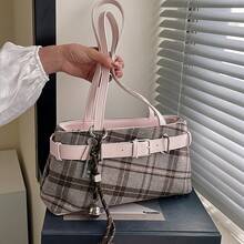 Vintage Plaid Shoulder Bag| Checkered Tote With Pendant, Perfect For Commute, Shopping & Holiday Gifts - Hồng - Xem 2