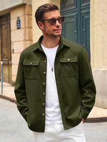 Mens Shirt Jacket Long Sleeve Button Down Casual Shacket Lightweight Thermal Shirts With Pocketshalloween - Army Green - View 4