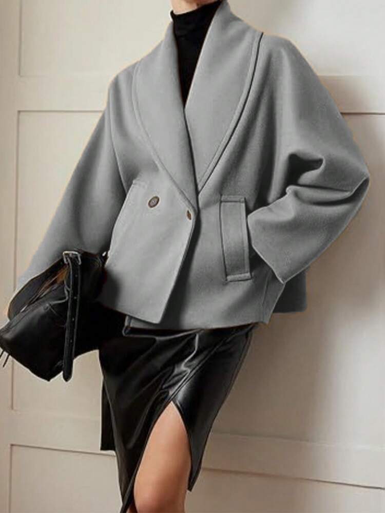 新款女士优雅羊毛混纺翻领大衣，适合秋冬季穿着。 - 淺灰色 - 查看 5