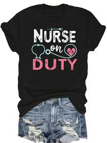 [Camiseta de moda casual] Camiseta suave y cómoda para mujer - Enfermera de guardia con estetoscopio y corazón, manga corta, cuello redondo, casual, regalo perfecto para la abuela y la mamá, uso casual en primavera y verano - Negro - Ver 1