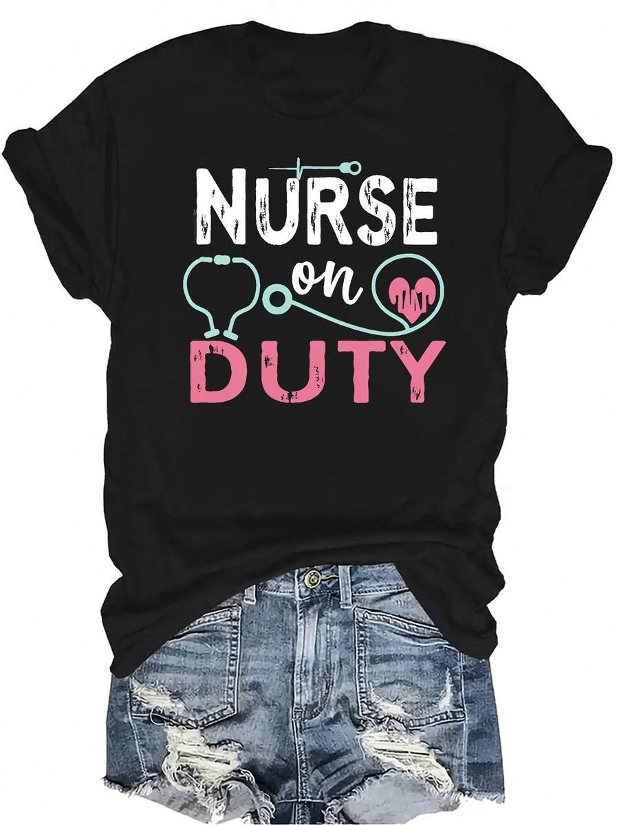 [Camiseta de moda casual] Camiseta suave y cómoda para mujer - Enfermera de guardia con estetoscopio y corazón, manga corta, cuello redondo, casual, regalo perfecto para la abuela y la mamá, uso casual en primavera y verano - Negro - Ver 1