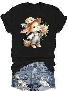 [Camiseta de Moda Casual] Camiseta de mujer suave y cómoda - Camiseta de manga corta de cuello redondo con estampado casual de cesta de flores de conejito, regalo perfecto para la abuela y la mamá, uso casual de primavera y verano - Negro - Ver 1