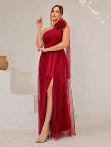 Long One-Shoulder Dress With Glittery Flower - Redwood - View 1