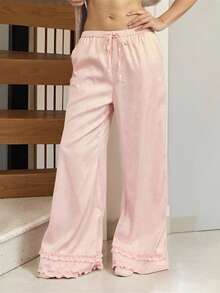 Women's Wide Leg Pajama Pants Casual Solid Color Ruffled Loose Fit Drawstring Lounge Pants - 粉色 - 查看 4