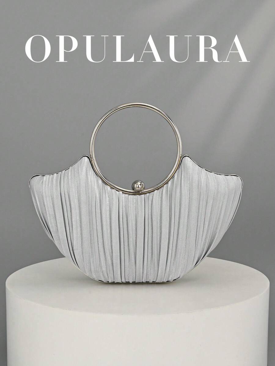 OpulAura 女士金属奢华晚宴手拿包，优雅皮革正式手提包，闪光晚会手提包，适合礼服，适合正式活动、晚会、派对、婚礼、新娘、伴娘、生日 - 銀色 - 查看 1