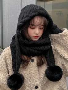 1pc Women's Autumn/Winter Hat & Scarf Set, Cute Pom Pom Knitted Hat, Ear Warmer Thick Knitted Hat, Outdoor Cold-Proof Hat, Suitable For Daily Wear Women Winter Clothes Valentines Gift