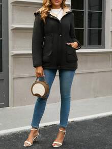 Jaqueta com Capuz Feminina, Corta-Vento Casual, Tecido Tecido de Cor Sólida, Bolsos, Adequado para Outono, Inverno, Primavera - Preto - Visão 5