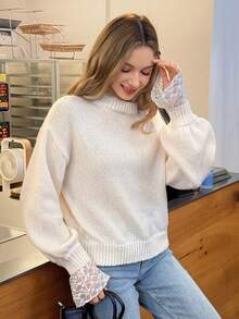 DAZY New Autumn Loose Casual Lace Patchwork Women Sweater - White - View 6
