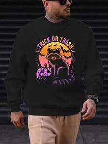 Men's Trick Or Treat Raccoon & Pumpkin Graphic Sweatshirt - White Casual Halloween-Themed Pullover With Orange & Pink Design, Soft Polyester Fabric, Round Neck, Machine Washable,Fall Hoodies,Men's Fall Clothes,Street Wear,Halloween,Mens Hoodies,Y2k Clothes,Jesus Hoodie,Thanksgiving Day,Nightmare Before Christmas,Christmas - màu đen - Xem 1