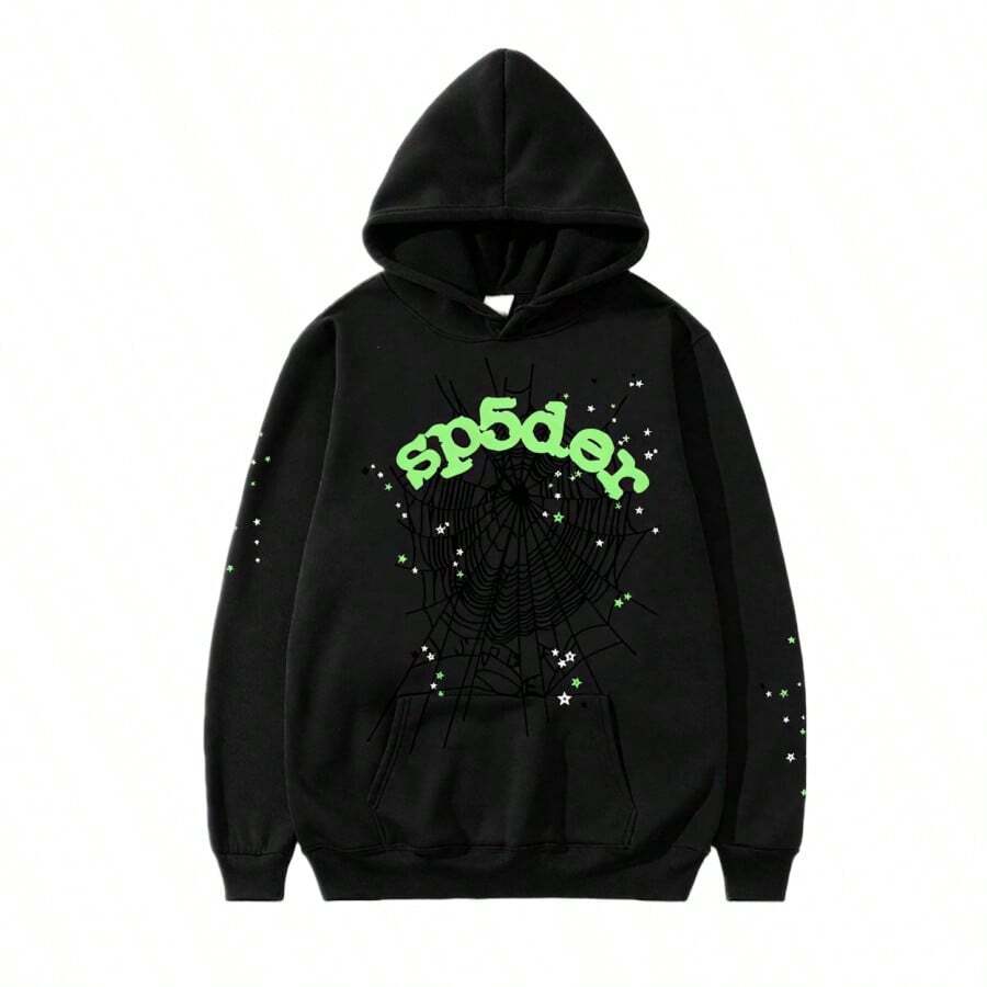 Casual Woven Fabric Black Spider Web And Star Print Hooded Sweatshirt For Women With Long Regular Sleeves And Pockets - 黑綠色衛衣 - 查看 1