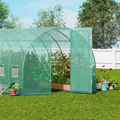 Walk-In Tunnel Greenhouse, 19.4x9.7x7.4 Ft Hoop House Greenhouse Tunnel, Plant Hot House With Galvanized Steel Frame, Green PE Cover, Swing Door And 12 Roll-Up Windows For Outdoor