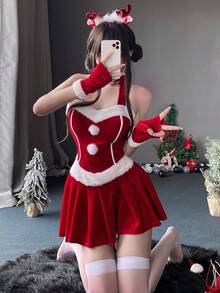 3pcs Festive Halter Mini Dress For Women, Featuring Sleeveless Design, Ruched Accents, And A Pleated A-Line Cut, Ideal For Christmas Parties