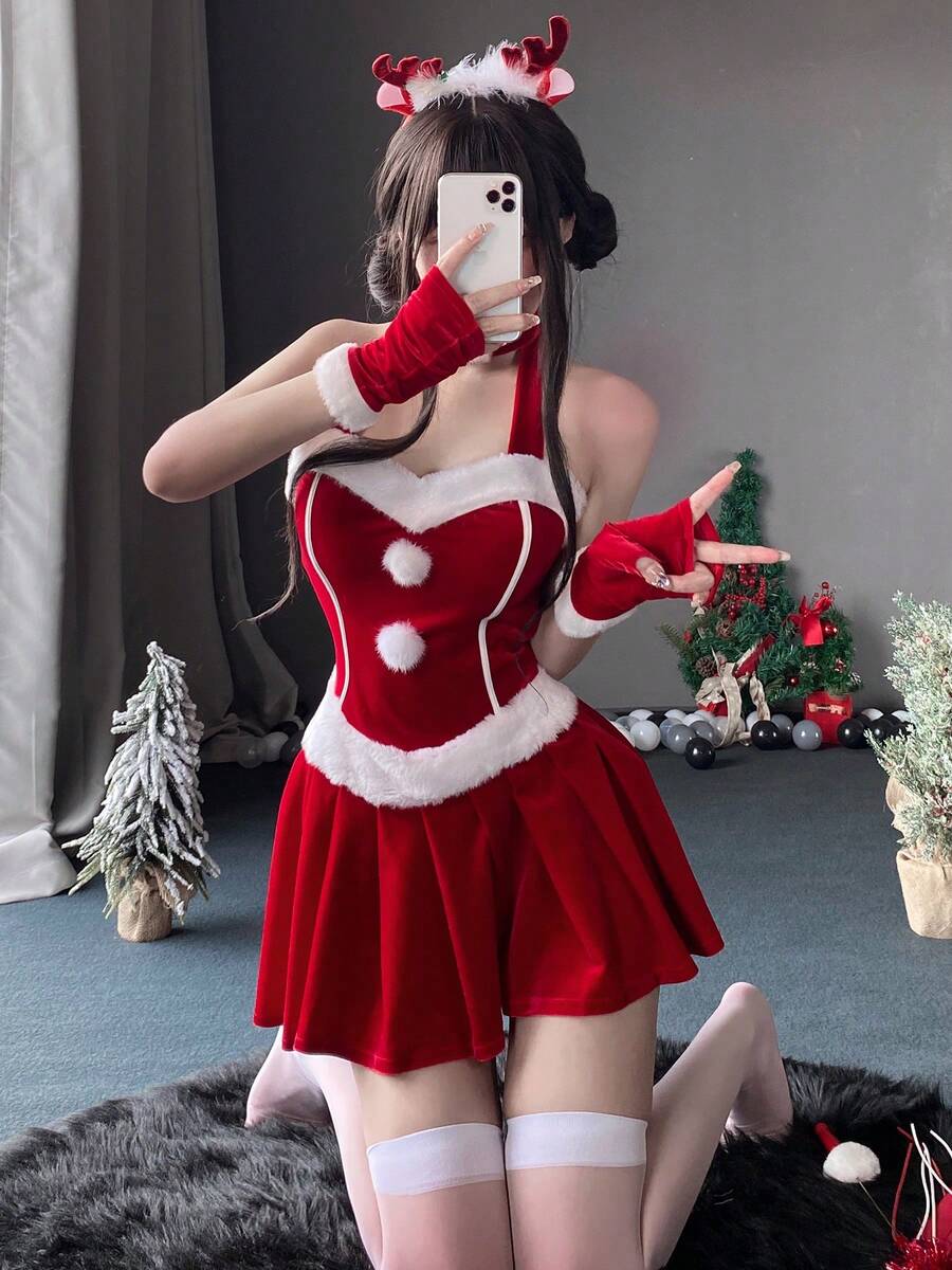 3pcs Festive Halter Mini Dress For Women, Featuring Sleeveless Design, Ruched Accents, And A Pleated A-Line Cut, Ideal For Christmas Parties