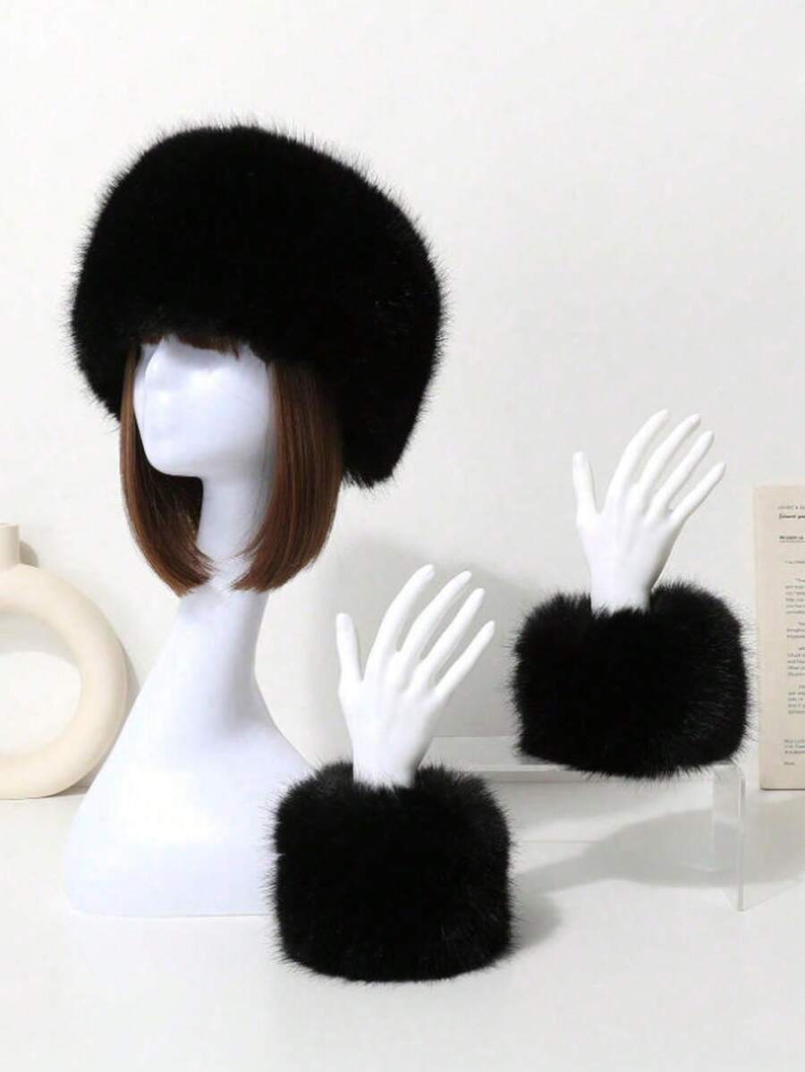 1-Piece Combination Outfit For Women, Winter Cold Resistant And Warm Hat, Hand Circumference Set, Casual And Cute Fur Bracelet, Fur Wrist Guard, Women's Sleeve Set, Cuff Wrist Set, Suitable For Parties, Shopping And Dating Valentines Gift - View 1