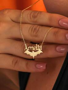 Collar personalizado con nombre y colgante hueco de murciélago, collar de pareja personalizado, joyería de acero inoxidable, regalo para Halloween, Navidad, cumpleaños - Dorado - Ver 10