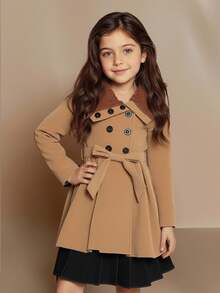 SHEIN 年轻女孩博格领双排扣束带大衣 - 卡其色 - 查看 2