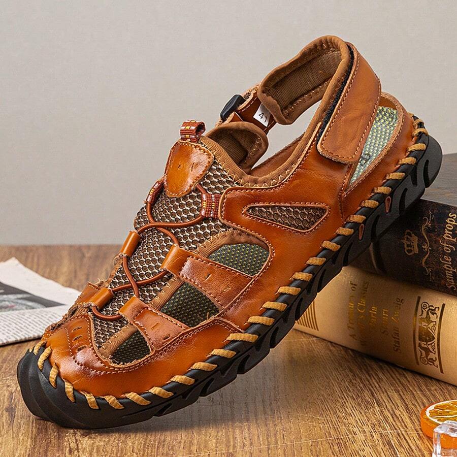 Men's Close Toe Breathable Sandals, Comfy Non Slip Rubber Sole Casual Hook & Loop Fastener Beach Water Shoes, Men's Outdoor Footwear - Nâu nhạt - Xem 1