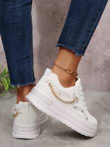 1 Pair Women's Pink Thick Sole Round Toe Cute Comfortable Casual Sneakers, Embroidered Faux Pearl Chain Decor, Size 36-41 (Run Small) - White - View 6