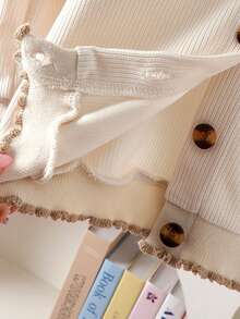 2pcs Baby Girls Cute Sweet Apricot Long Sleeve Cardigan Top + Khaki Pants Set, Autumn/Winter - Beige - View 3