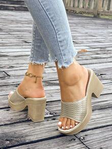 Women's Summer New Fashion Metallic Color Open Toe Slip-On Casual Vacation Beach Platform High Heel Sandals