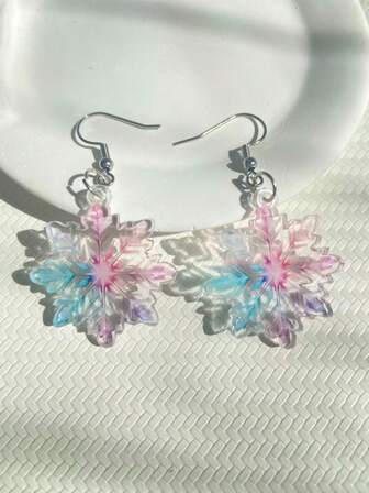 2pcs Elegant & Charming Colorful Snowflake Pendant Earrings, Flat Acrylic Double-Sided Printed Design, Fashionable & Lightweight, Suitable For Daily Wear And Parties, Great For Halloween, Thanksgiving, Christmas Gifts