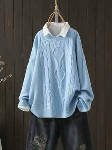 كنزة صوفية كاجوال فضفاضة مصنوعة من الصوف المنسوج بنمط كابل مجدول بياقة دائرية وأكمام طويلة منسدلة للمرأة البدينة - أزرق فاتح اللون - مشاهدة 1