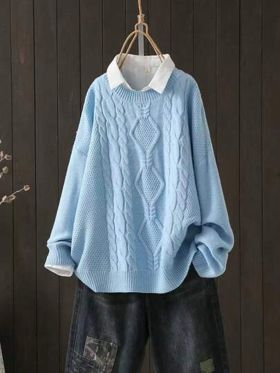 Plus Size Women Twist Cable Pattern Round Neck Drop Shoulder Long Sleeve Casual Loose Knit Sweater