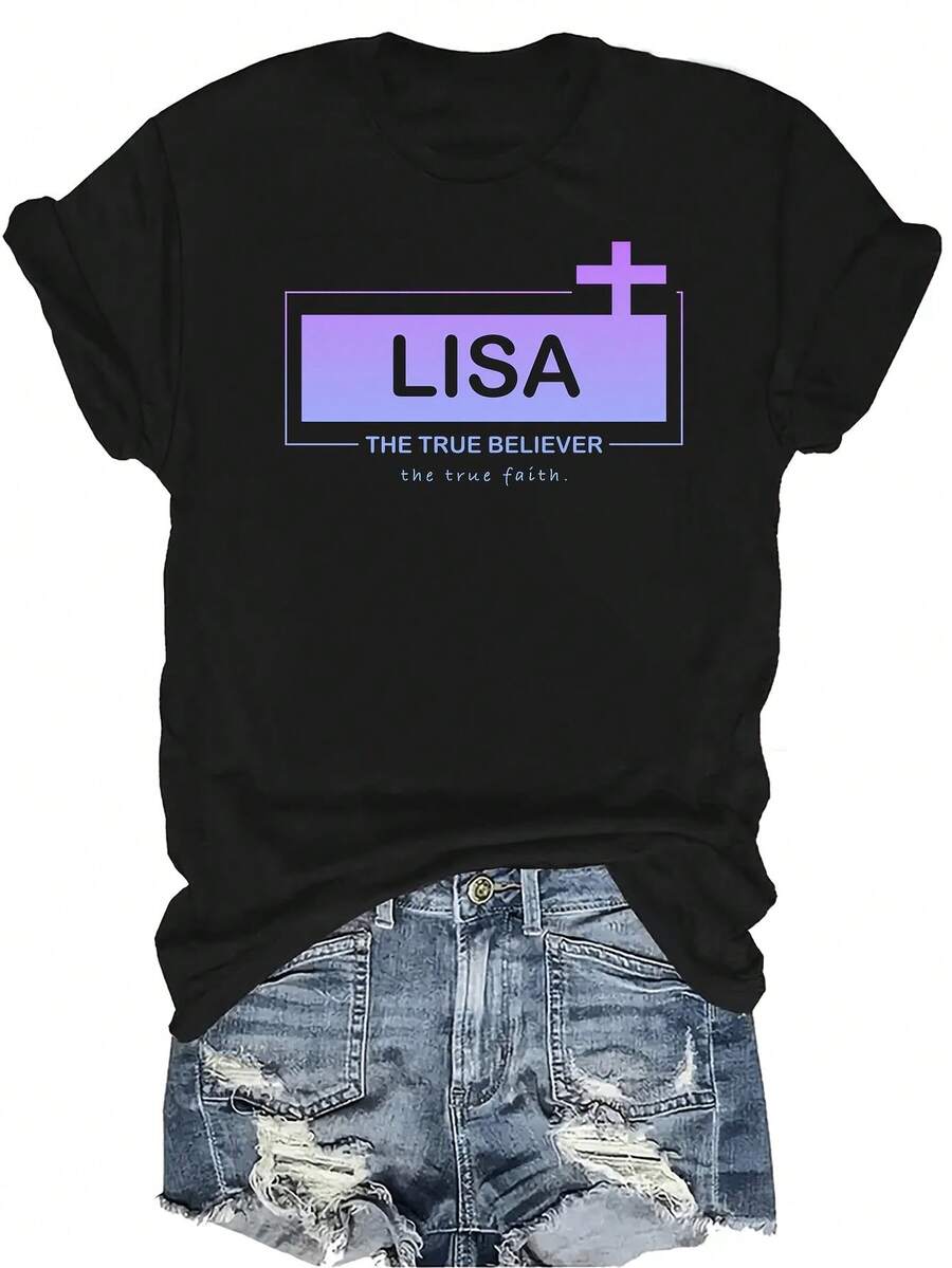 [Camiseta de moda casual] Camiseta suave y cómoda para mujer - Lisa True Believer Faith Casual de manga corta y cuello redondo, regalo perfecto para la abuela y la mamá, uso casual de primavera y verano - Negro - Ver 1