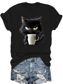 [Camiseta de Moda Casual] Camiseta suave y cómoda para mujer - Taza de café con gato G-Rumpy, manga corta, cuello redondo, top casual perfecto como regalo para la abuela y la mamá, para usar en primavera y verano - Negro - Ver 1