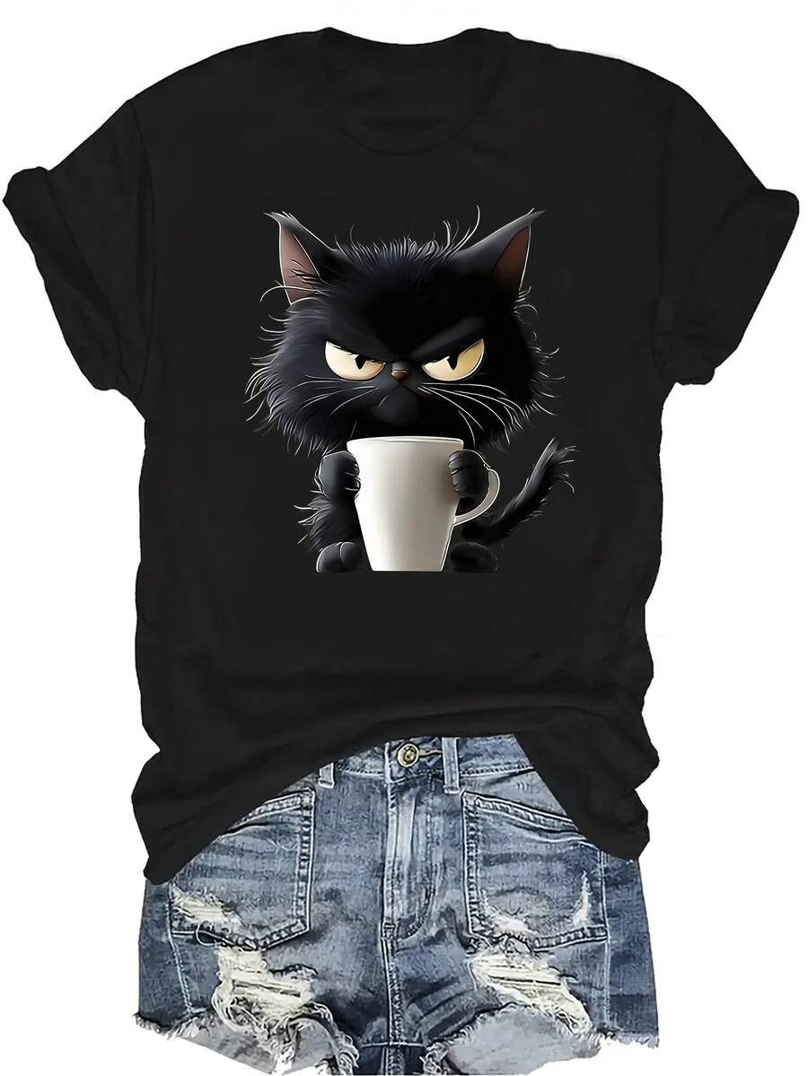 [Camiseta de Moda Casual] Camiseta suave y cómoda para mujer - Taza de café con gato G-Rumpy, manga corta, cuello redondo, top casual perfecto como regalo para la abuela y la mamá, para usar en primavera y verano - Negro - Ver 1
