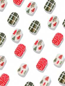 24 قطعة أظافر قصيرة للضغط عليها، أظافر عيد الميلاد الملونة بشكل شجرة عيد الميلاد، أظافر مستعارة مناسبة للارتداء اليومي، لوازم الأظافر