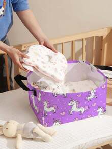 1pc Cartoon Pony Print Open Storage Box, Multifunctional Storage Basket With Handle, Holiday Gift, Mother's/Father's Day Gift, Baby Supplies Storage, Diaper Storage, Daily Organizer For Living Room, Bathroom, Kitchen, Foldable Clothes Storage, Cute & Lightweight, Suitable For Home, Kids, Nursery