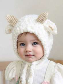 1pc Cute Lamb Plush Thick Warm Ear Ion Windproof Beanie Hat For Baby Boys & Girls, Winter