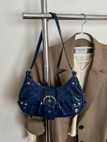 Bolso de motocicleta vintage punk con remaches para mujer, bolso de un hombro bajo el brazo para trabajo y desplazamientos - Azul Marino - Ver 4