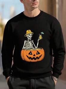 Men'S Halloween Sweatshirt - Spooky Skeleton & Pumpkin Graphic Pullover, Soft Non-Stretch Fabric Long Sleeve Round Neck Sweater For Fall Winter Costume Party Casual Attire - Easy Care Halloween Apparel,Fall Hoodies,Men's Fall Clothes,Street Wear,Halloween,Mens Hoodies,Y2k Clothes,Jesus Hoodie,Thanksgiving Day,Nightmare Before Christmas,Christmas - 黑色 - 查看 1