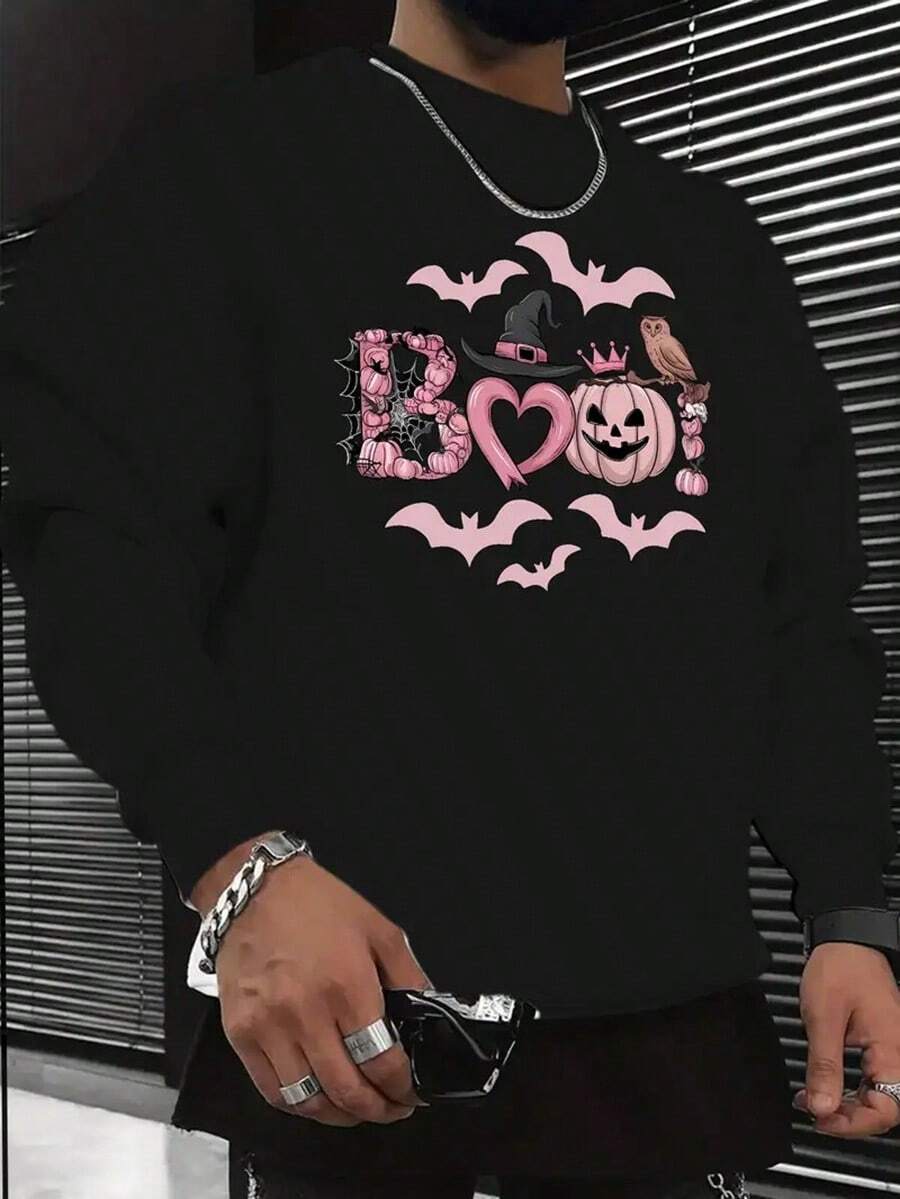 Men's Light Grey & Pink Gothic Boho Graphic Sweatshirt - Long Sleeve Round Neck Pullover With Bat & Bats Print, Witches Hat & BOO Lettering,Fall Hoodies,Men's Fall Clothes,Street Wear,Halloween,Mens Hoodies,Y2k Clothes,Jesus Hoodie,Thanksgiving Day,Nightmare Before Christmas,Christmas - 黑色 - 查看 1